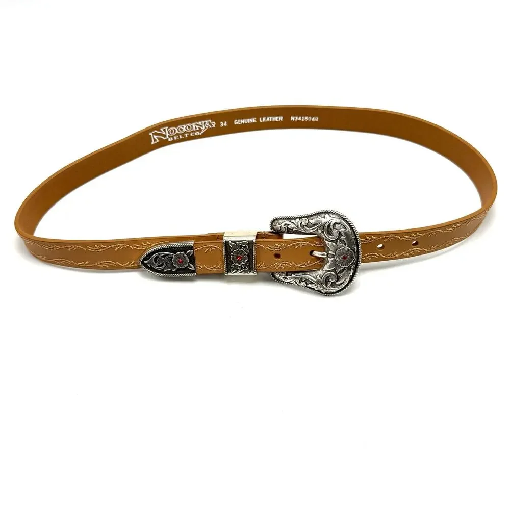 Nocona Brown Leather Western Belt 34 Ornate Buckle Red Rhinestone Embroidered